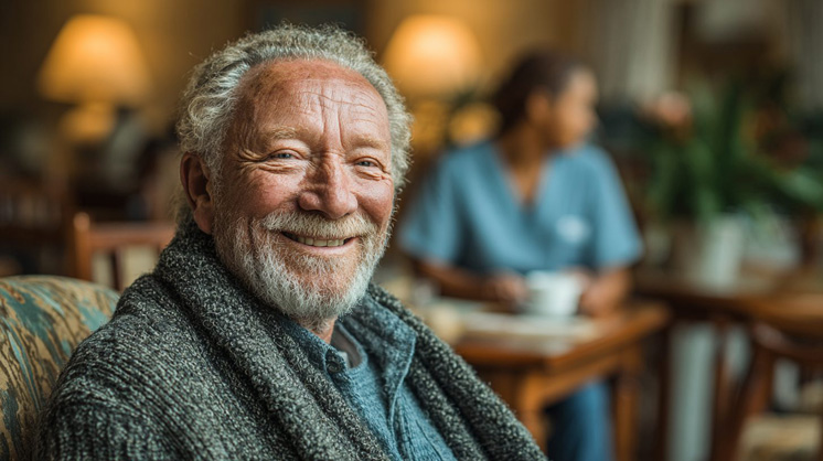 Пожилой человек получает уход в пансионате