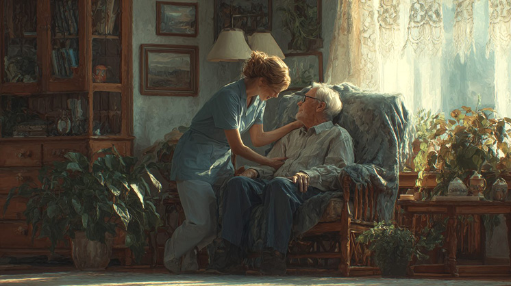 Сиделка помогает пожилому человеку дома