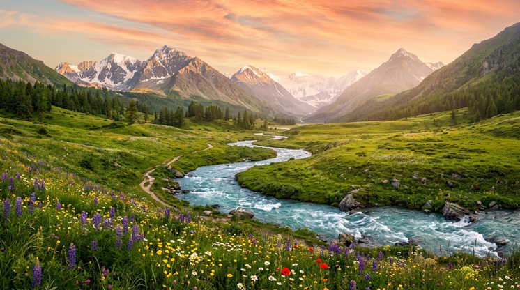 Летний пейзаж Алтайских гор с цветущими лугами и рекой