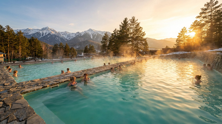 Термальные источники в Белокурихе с бассейнами на фоне гор